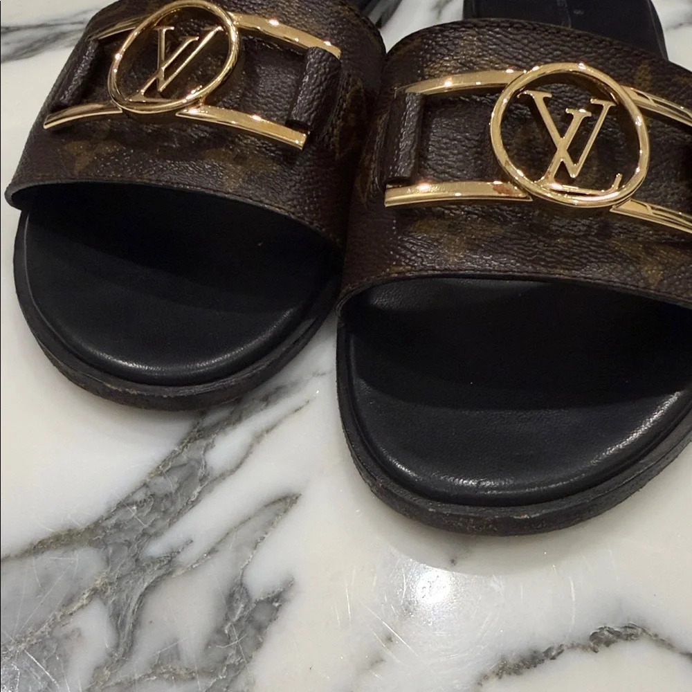 Louis Vuitton Brown Monogram Lock it Flat Mule Sandals with Black Footbed - Picture 5 of 5
